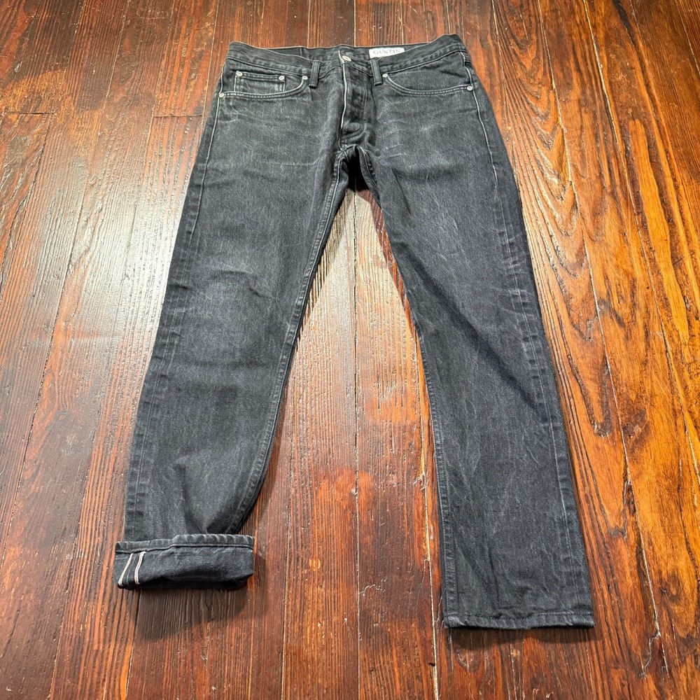 Gustin Jeans Mens‎ 32x29 Black Skinny #99 Selvedge Button Fly Faded Whiskers